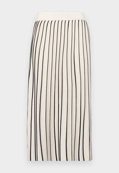 Jupe de couleur crème avec des rayures noires verticales, dotée d'un design droit et d'une taille élastique. Texture lisse, coupe à mi-genoux.