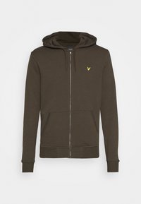 Felpa con zip marrone in tessuto morbido, con cappuccio regolabile, tasche frontali, polsini a costine e un piccolo logo giallo sul petto.