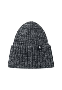 Berretto lavorato a maglia in grigio scuro e nero, con una texture a coste e risvolto. Piccola etichetta con logo sul lato.