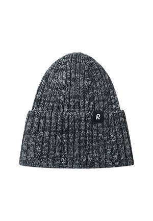 Bonnet tricoté en gris foncé et noir, avec une texture côtelée et un revers. Petite étiquette logo sur le côté.
