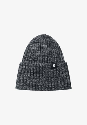 Berretto lavorato a maglia in grigio scuro e nero, con una texture a coste e risvolto. Piccola etichetta con logo sul lato.