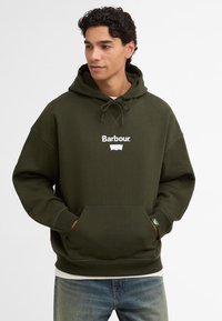 Ελιάς πράσινη κουκούλα από ύφασμα με βαμβάκι, διαθέτει λευκό λογότυπο, κορδόνι κουκούλας και μπροστινή τσέπη καγκουρό.