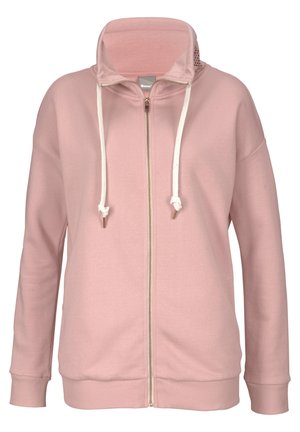 Jasnoróżowa rozpinana bluza z kapturem, z białymi sznurkami, ściągaczami na rękawach i dole oraz wysokim kołnierzem.