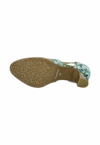 Scarpa con tacco a spillo a motivo floreale, con tomaia multicolore, dettagli azzurri e suola in gomma marrone striato con design a foglia.