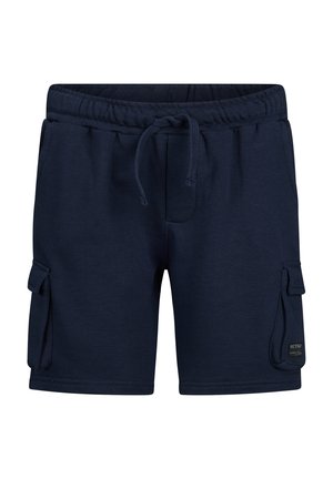 Marineblaue Freizeithose mit elastischem Bund, Kordelzug, seitlichen Cargotaschen mit Klappen und einem kleinen schwarzen Etikett an der rechten Tasche.