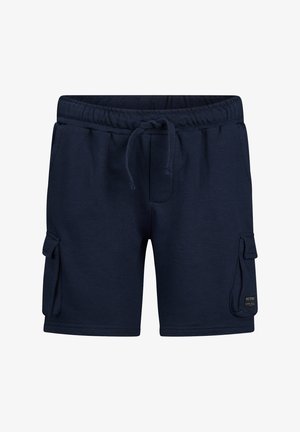 Granatowe, casualowe spodenki z elastycznym pasem, sznurkiem, bocznymi kieszeniami typu cargo z klapami oraz małą czarną metką na prawej kieszeni.