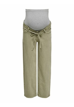 Pantaloni premaman con fascia elastica grigia per la pancia e gambe larghe color kaki legate con un laccio frontale.