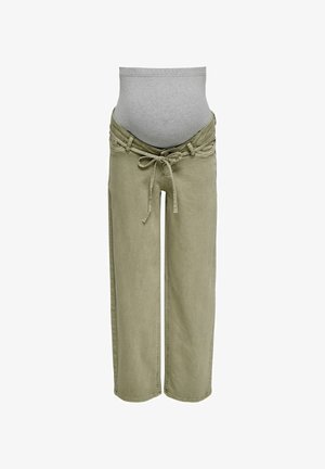 Tehotenské nohavice s elastickým sivým pásom na brucho a voľne strihanými khaki nohavicami zviazanými vpredu šnúrkou.