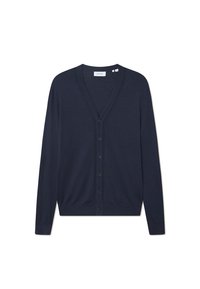 Cardigan blu navy, design a V, chiusura con bottoni, maniche lunghe, orlo e polsini a coste, tessuto dal tocco morbido.