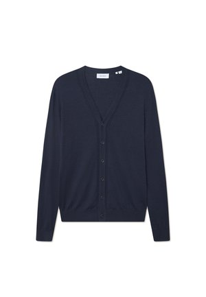 Navyblauwe cardigan, V-hals ontwerp, knoopsluiting aan de voorkant, lange mouwen, geribbelde zoom en manchetten, zachte stoftextuur.