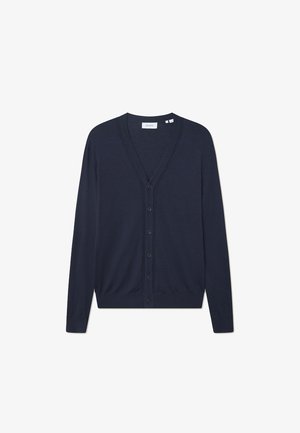 Navyblauwe cardigan, V-hals ontwerp, knoopsluiting aan de voorkant, lange mouwen, geribbelde zoom en manchetten, zachte stoftextuur.
