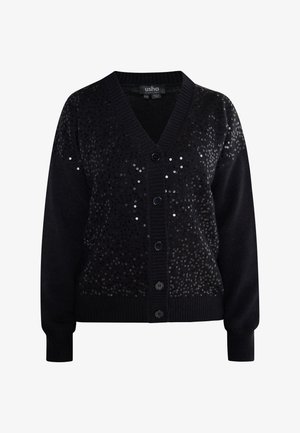 Schwarzer Cardigan mit V-Ausschnitt, Knopfleiste und Paillettenverzierungen auf der Vorderseite. Gerippte Bündchen und Saum für zusätzliche Struktur.