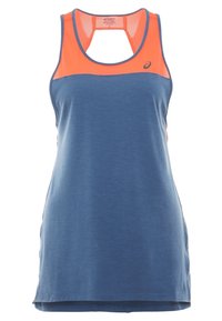 Débardeur de sport sans manches avec corps bleu, partie supérieure en mesh orange vif et logo Asics sur la poitrine.