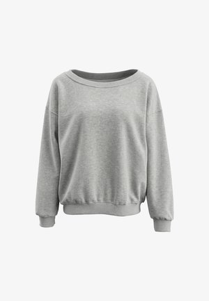 Jasnoszara bluza z długim rękawem, z prążkowanymi mankietami i dolną krawędzią, z szerokim, okrągłym dekoltem i luźnym krojem.