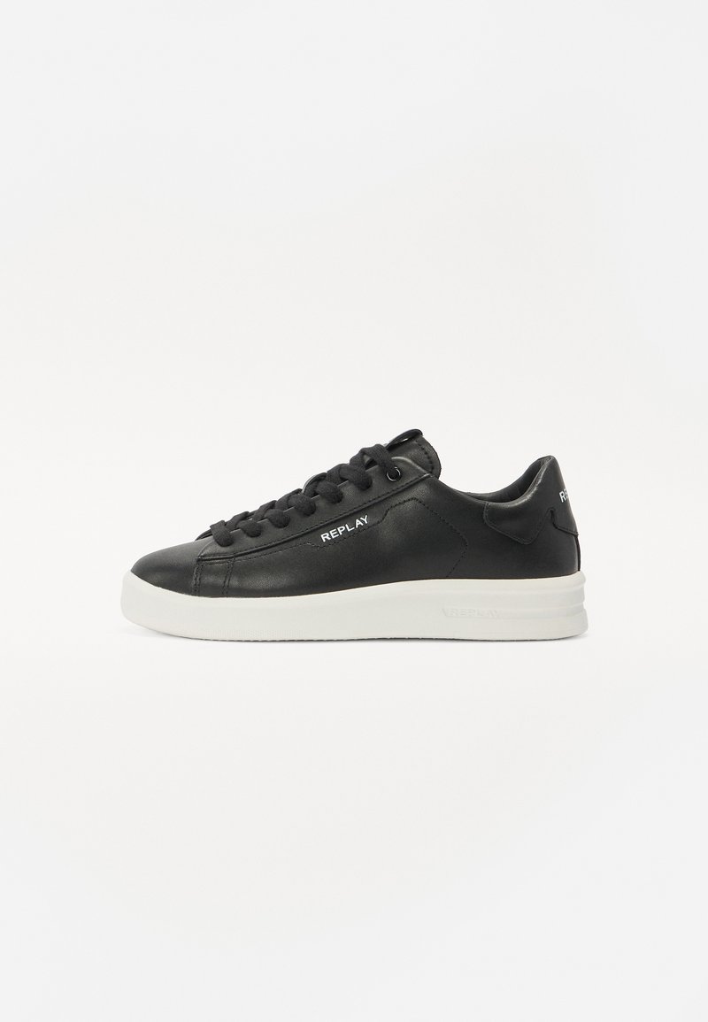Black leather sneakers with a rounded toe, flat white sole, and black laces. Features “REPLAY” branding on the side and back.