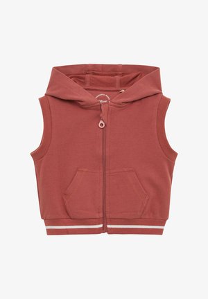 Rustfarbenes ärmelloses Kapuzenwesten aus weicher Baumwolle. Verfügt über einen Frontreißverschluss, zwei Vorderentaschen und weiße gestreifte Akzente am Saum.