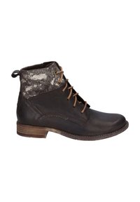Brown leather ankle boot with a textured dark gray upper, lace-up design, and a low stacked heel. Features decorative stitching and a loop pull.