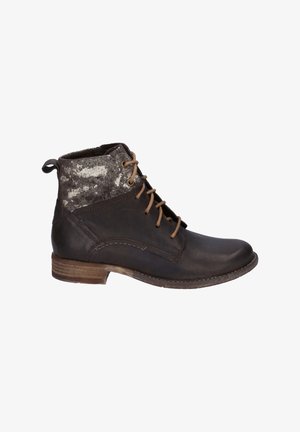 Brown leather ankle boot with a textured dark gray upper, lace-up design, and a low stacked heel. Features decorative stitching and a loop pull.
