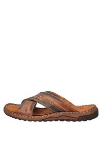 Bruine leren slide sandaal met kruisbanden, suède voetbed en rubberen zool. Kenmerkend zijn de contrasterende blauwe stiksels en de getextureerde accenten.