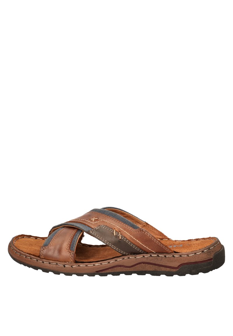 Bruine leren slide sandaal met kruisbanden, suède voetbed en rubberen zool. Kenmerkend zijn de contrasterende blauwe stiksels en de getextureerde accenten.