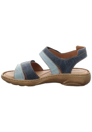Blaue und tealfarbene Ledersandale mit zwei breiten Riemen, einschließlich eines Riemens hinten. Gepolsterte Innensohle und eine leichte, strukturiert gummierte Sohle.