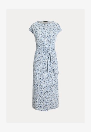 Light blue midi dress with short sleeves, small floral pattern, round neckline, and tied waist belt on plain background.