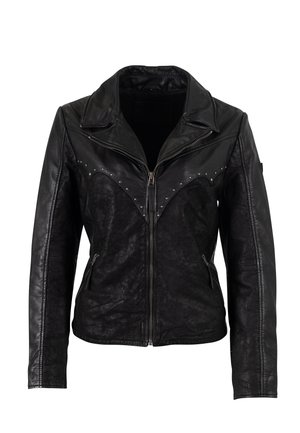 Zwarte leren jas met een aansluitend ontwerp, brede kraag en gestikte accenten over de schouders. Voorzien van twee zijzakken met rits.