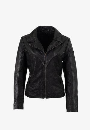 Schwarze Lederjacke mit tailliertem Design, breitem Kragen und mit Nieten besetzten Details auf den Schultern. Zwei seitliche Reißverschlusstaschen sind enthalten.