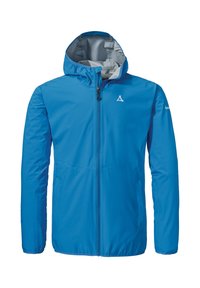 Leichte blaue Jacke mit Kapuze, Reißverschluss und grauem Futter. Verfügt über ein dezentes Logo auf der Brust und elastische Bündchen für eine enge Passform.