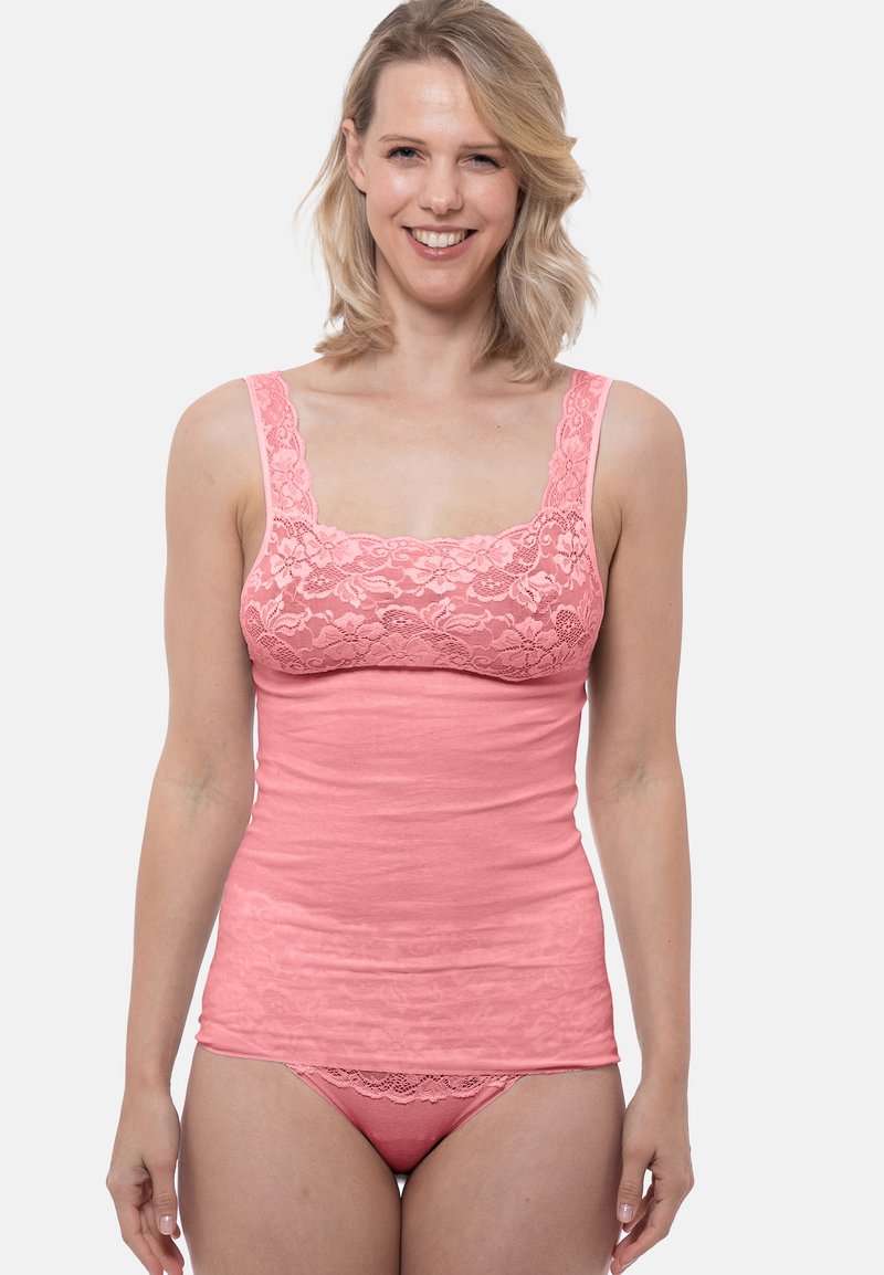Pink tank top and matching underwear set with floral lace trim, soft fabric, fitted design, and flat seams for comfort.
