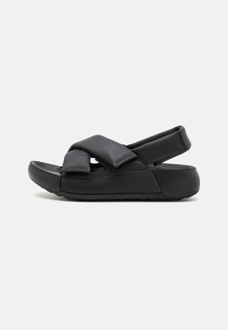 Black sandals with a soft, padded upper featuring crisscross straps. The sole is durable with a textured grip for traction.