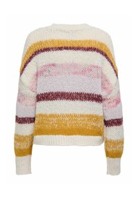 Strickpullover mit horizontalen Streifen in Creme, Rosa, Burgunderrot und Senfgelb. Lockere Passform mit langen Ärmeln und rundem Ausschnitt.
