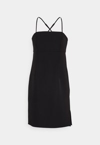 Black midi dress with spaghetti straps, straight neckline, and side slit. Smooth fabric with sleek, fitted silhouette. Minimal seams.