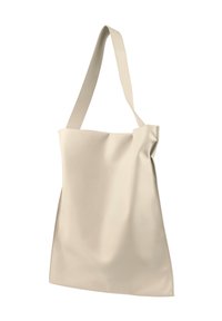 Beige leren schoudertas met een gladde textuur, een plat ontwerp en een enkele, brede schouderband. Heeft minimale branding aan de onderkant.