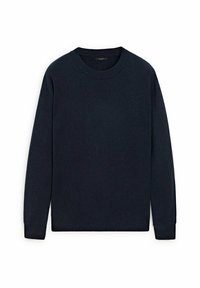 Dunkelblaues Strickpullover mit Rundhalsausschnitt, langen Ärmeln und gerippten Bündchen. Hergestellt aus weichem Stoff mit glatter Textur.