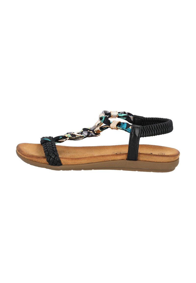 Zwarte platte sandalen met een gevlochten band, gekleurde kraalaccenten en een gevoerd tan voetbed. Voorzien van een gestructureerde zwarte enkelband.