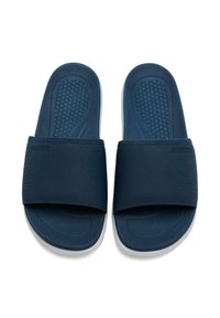 Sandales à glissière bleu marine avec une large bande supérieure, semelle intérieure texturée pour une meilleure adhérence et semelle grise contrastante. Fabriquées en matériau flexible et durable.