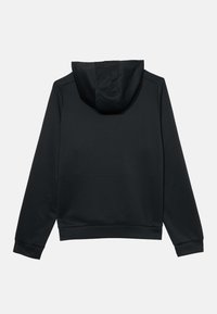 Felpa nera con cappuccio realizzata in tessuto liscio. Presenta maniche lunghe, una tasca a marsupio e orli e polsini a costine per uno stile aderente.