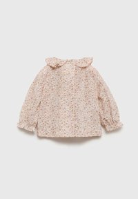 Blusa a maniche lunghe rosa chiaro con colletto arricciato, motivo floreale e polsini elasticizzati. Tessuto morbido con una vestibilità rilassata.