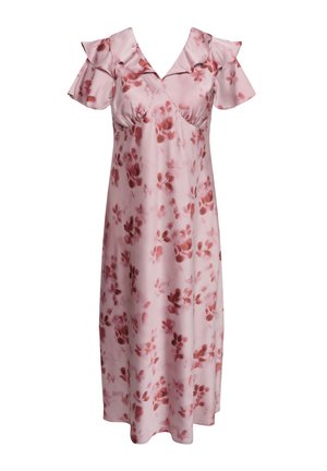 Rózsaszín szatén midi ruha piros virágmintával, fodros felsőrészes vállrésszel és V-nyakú dekoltázzsal, amelyen redőzött mellrész található.