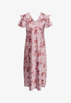 Rózsaszín szatén midi ruha piros virágmintával, fodros felsőrészes vállrésszel és V-nyakú dekoltázzsal, amelyen redőzött mellrész található.