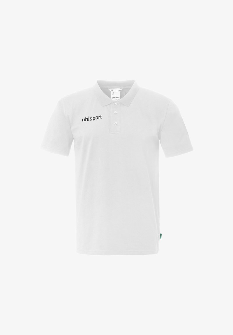 Witte polo met korte mouwen, voorzien van drie knopen en het "uhlsport"-logo in zwart gedrukt op de linkerborst.