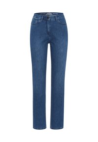 Jeans in denim blu scuro con un design a gamba dritta, dotati di chiusura con bottone frontale, cinque tasche e dettagli di cucitura sottili.
