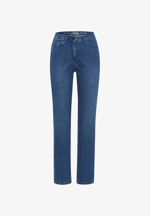 Dunkelblaue Jeans aus Denim mit geradem Bein, ausgestattet mit einem vorderen Knopfverschluss, fünf Taschen und dezenten Nähdetails.