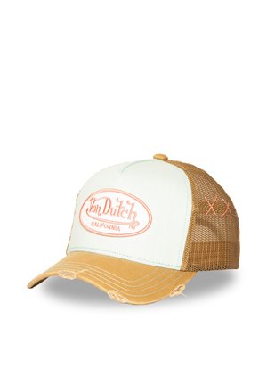 Gorra camionera Von Dutch en azul claro y beige con parte trasera de rejilla, visera desgastada y logo bordado con la inscripción "Von Dutch California" en el panel frontal.