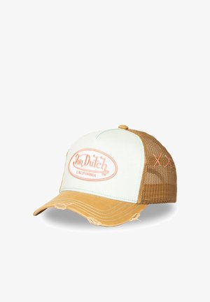 Casquette camionneur Von Dutch bleu clair et beige avec dos en mesh, visière usée et logo brodé indiquant "Von Dutch California" sur le panneau avant.