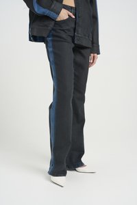 Denim trousers featuring a dark wash with lighter blue side panels. The design is straight-leg with a classic five-pocket style.