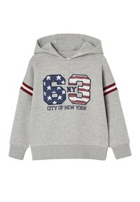 Gray hooded sweatshirt with a front print featuring the text "63 NY CITY OF NEW YORK" and stars in red, white, and blue. Ribbed cuffs.
