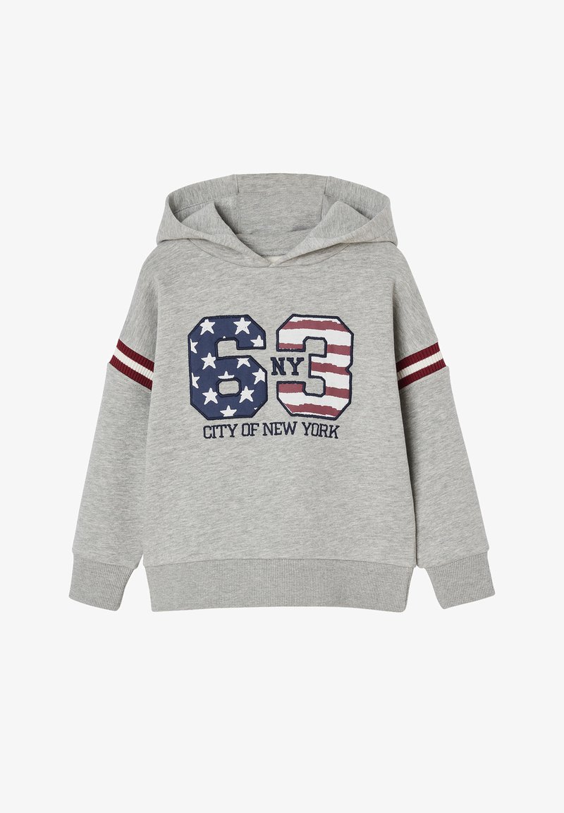 Gray hooded sweatshirt with a front print featuring the text "63 NY CITY OF NEW YORK" and stars in red, white, and blue. Ribbed cuffs.
