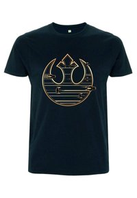 Černé bavlněné tričko s grafickým potiskem ve zlaté barvě představující stylizované logo s designy stíhacích lodí. Krátké rukávy a kulatý výstřih.